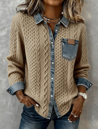 Denise | Long Sleeve Shirt with Cable Knit and Denim Accents - Khaki