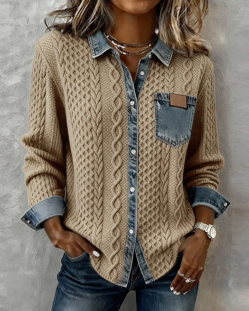 Denise | Long Sleeve Shirt with Cable Knit and Denim Accents - Khaki