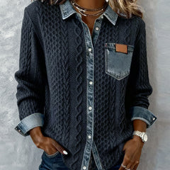 Denise | Long Sleeve Shirt with Cable Knit and Denim Accents - Dark Blue