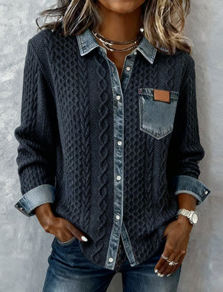 Denise | Long Sleeve Shirt with Cable Knit and Denim Accents - Dark Blue