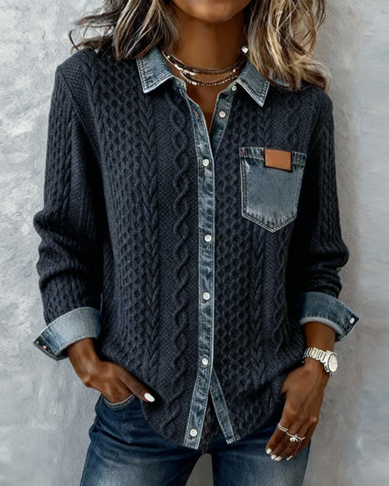 Denise | Long Sleeve Shirt with Cable Knit and Denim Accents - Dark Blue