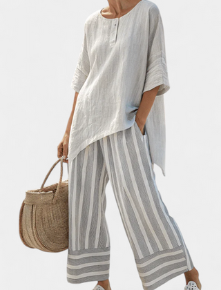 Irene | Elegant Asymmetrical Blouse & Striped Pants - Multi Colored Stripes