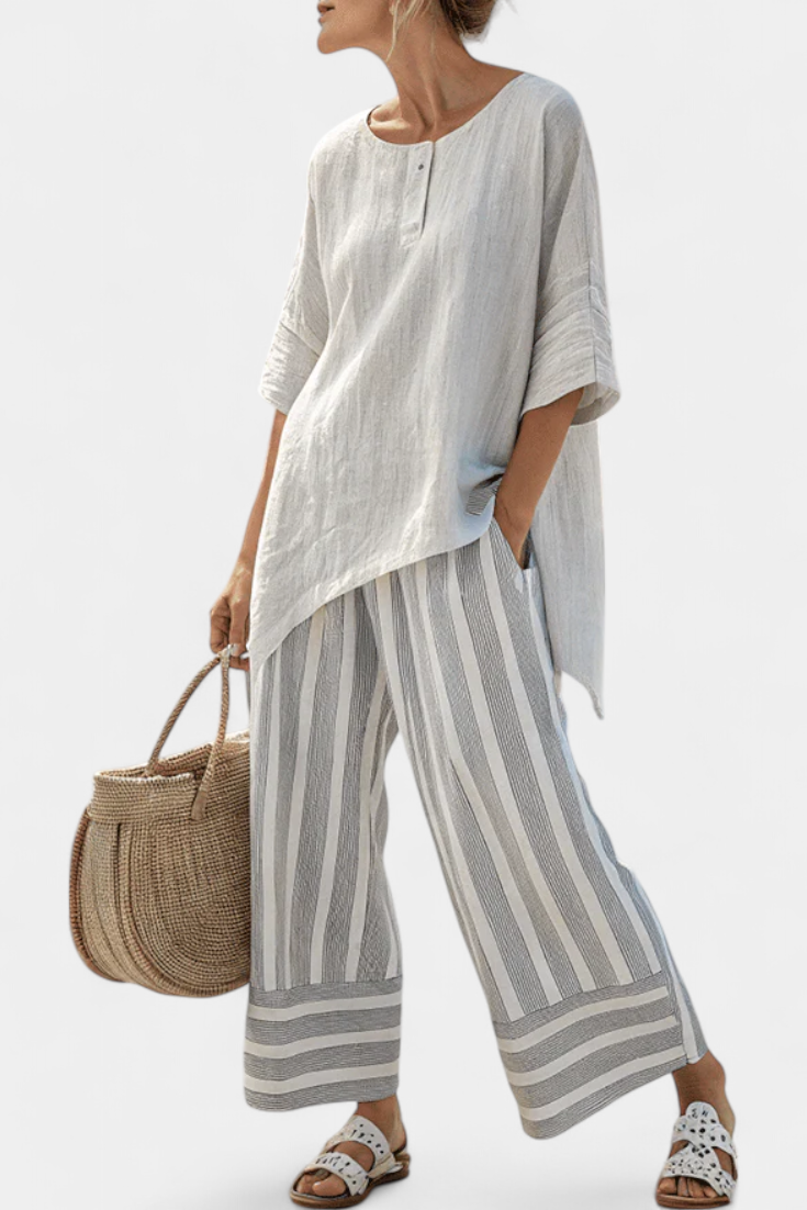 Irene | Elegant Asymmetrical Blouse & Striped Pants - Multi Colored Stripes