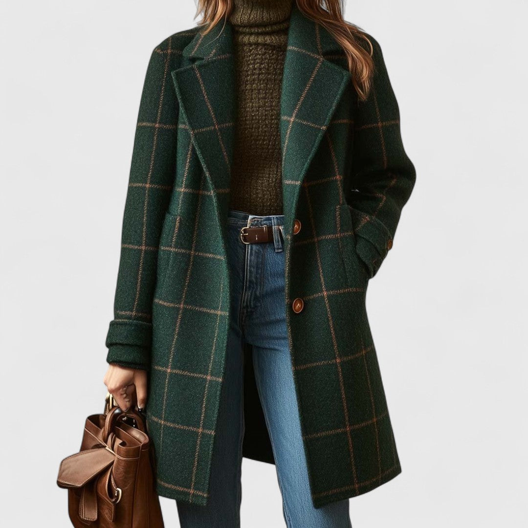 Frances | Women's Wool Check Coat - Dark Green