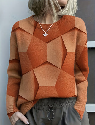 Judith | Geometric Print Sweater with Crew Neck and Long Sleeves - Orange