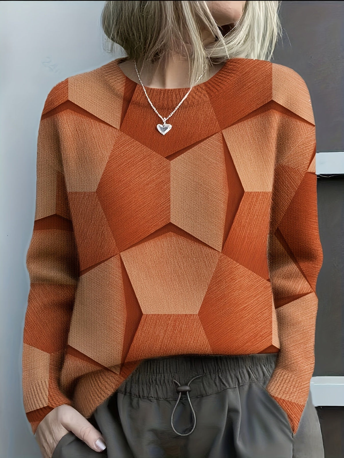 Judith | Geometric Print Sweater with Crew Neck and Long Sleeves - Orange