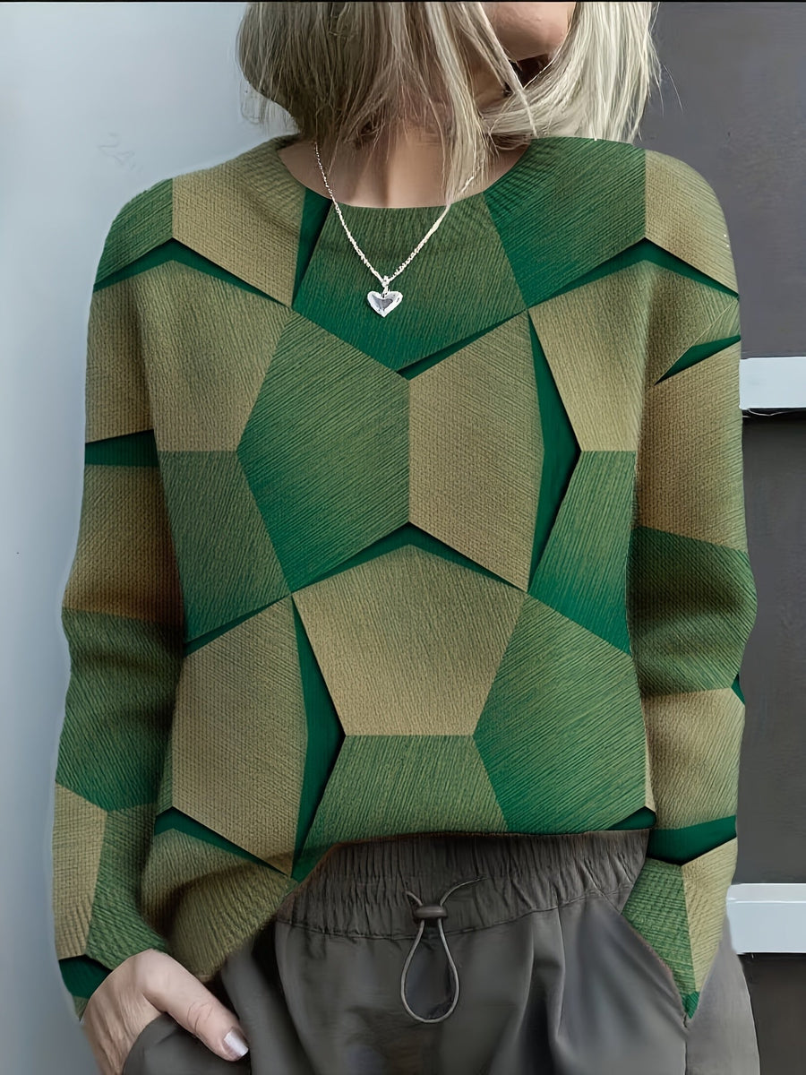 Judith | Geometric Print Sweater with Crew Neck and Long Sleeves - Green