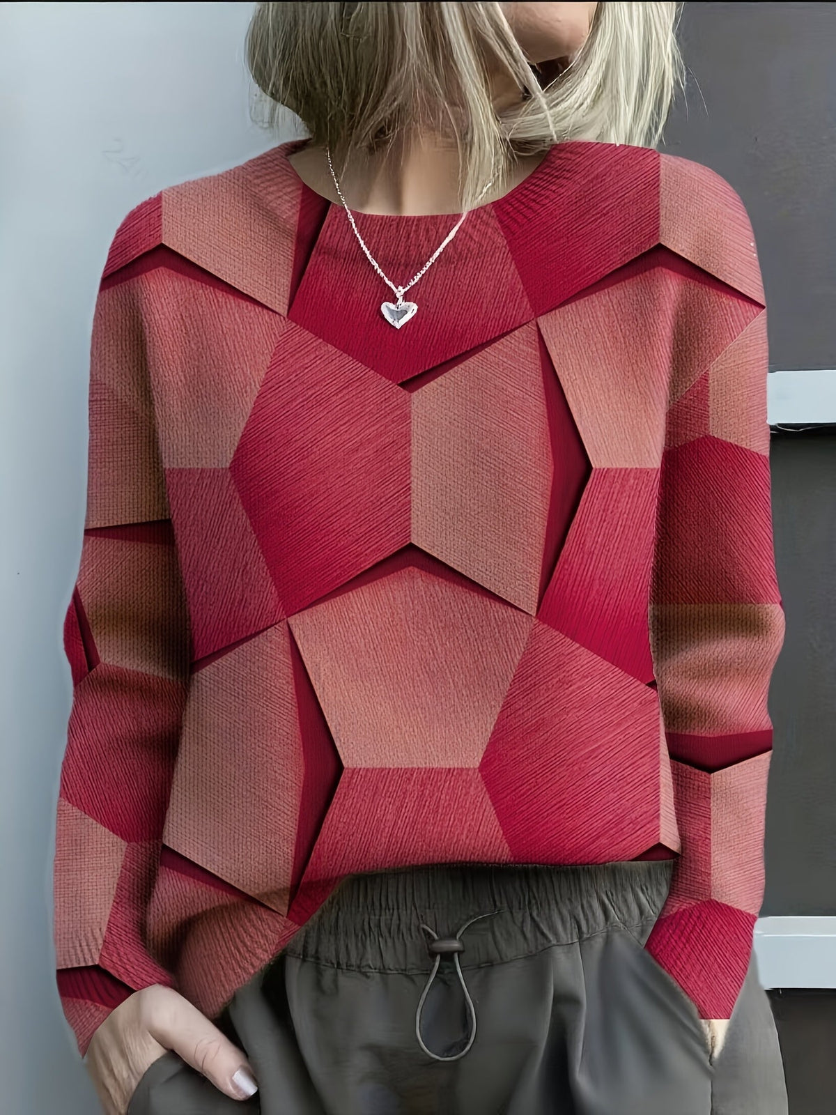 Judith | Geometric Print Sweater with Crew Neck and Long Sleeves - Red