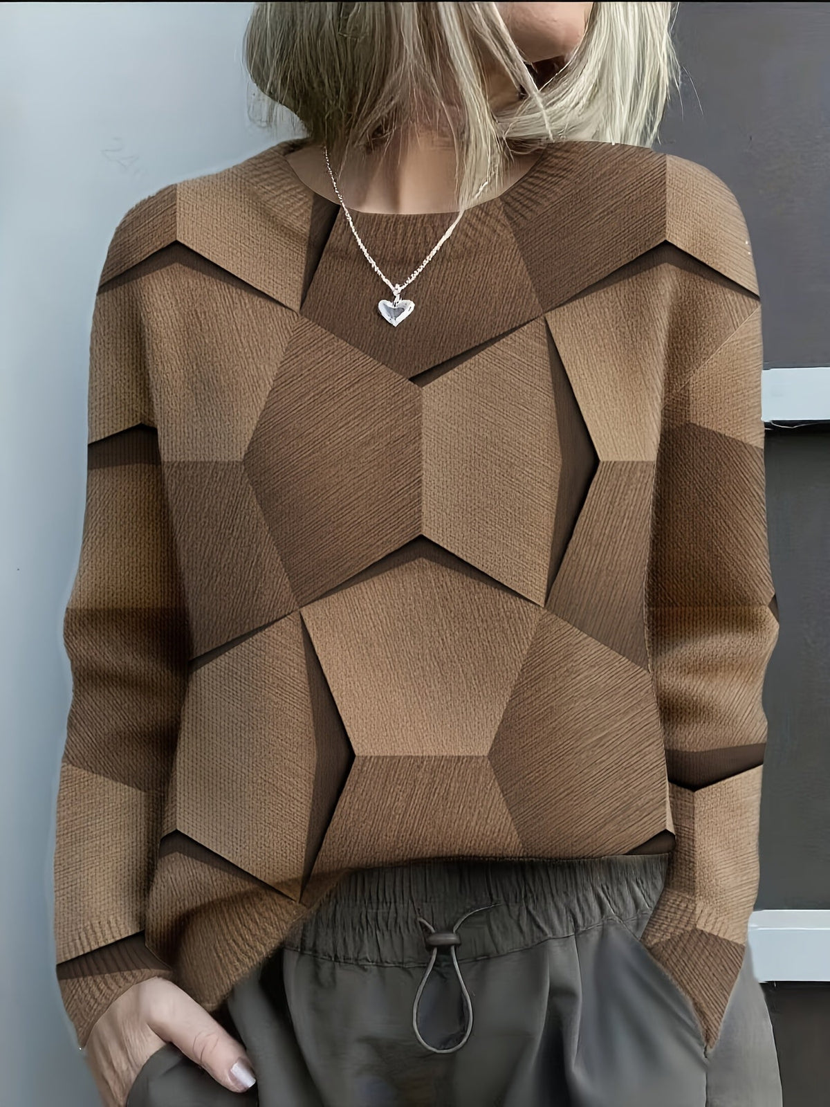 Judith | Geometric Print Sweater with Crew Neck and Long Sleeves - Brown