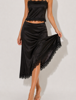 Edith | Black Satin Lace Co-Ord Set | Cami Top & Midi Skirt Set - Black