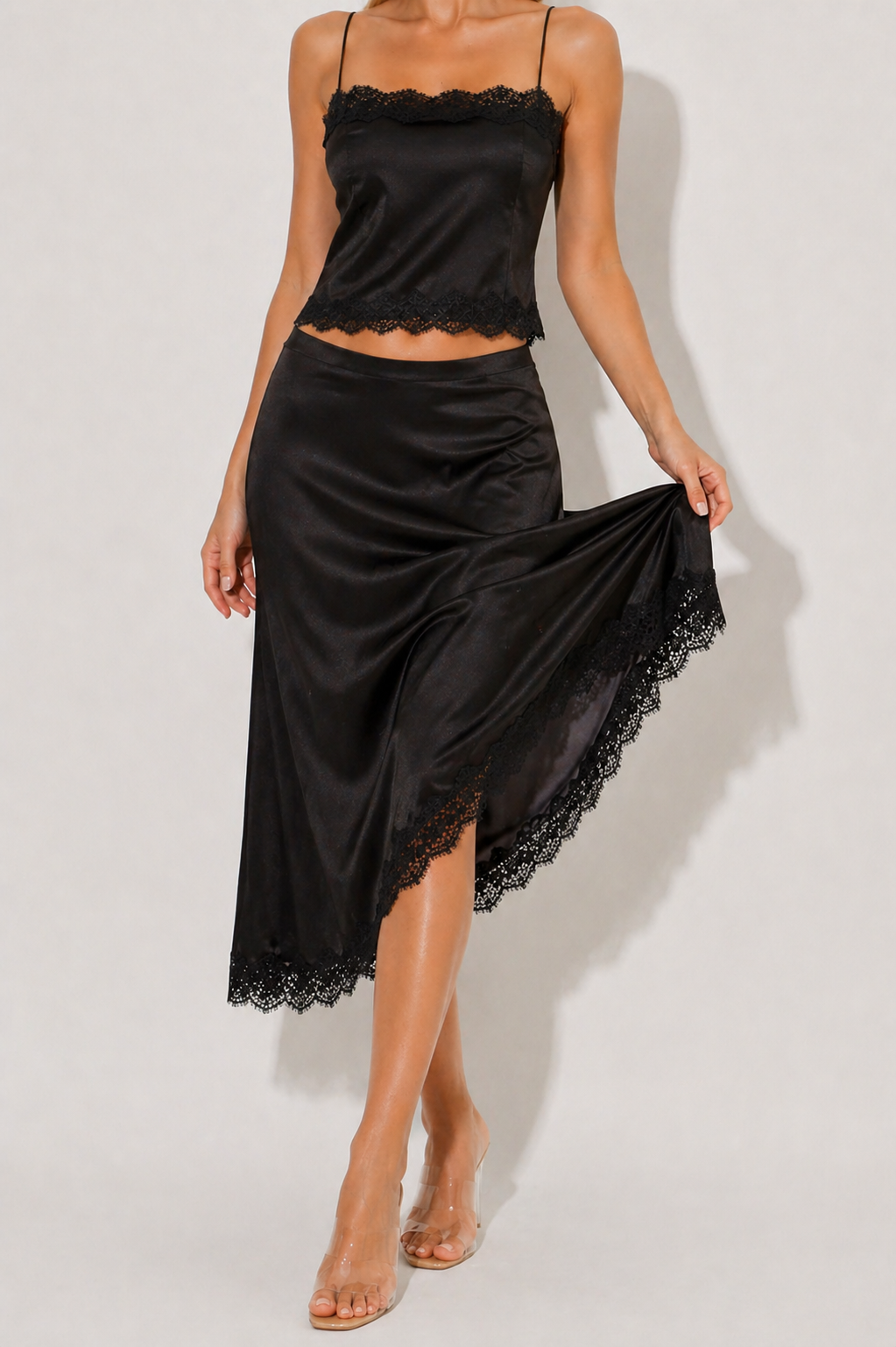 Edith | Black Satin Lace Co-Ord Set | Cami Top & Midi Skirt Set - Black