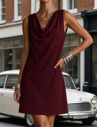 Virginia | Solenne – Cowl Neck Mini Dress with Pockets, Slim Fit Sleeveless Shift - Burgundy