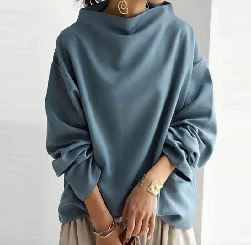Josephine | High Neck Casual Top with Long Sleeves - Blue