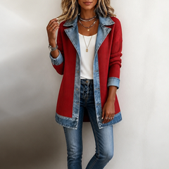 Judith | Ribova – Ribbed Knit Coat With Denim Panels - Red