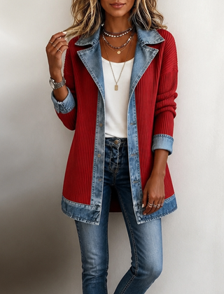 Judith | Ribova – Ribbed Knit Coat With Denim Panels - Red