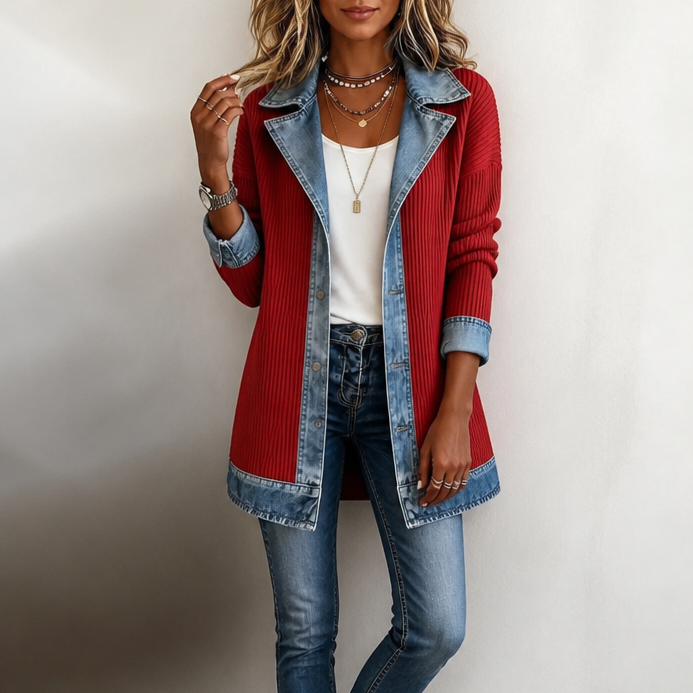 Judith | Ribova – Ribbed Knit Coat With Denim Panels - Red