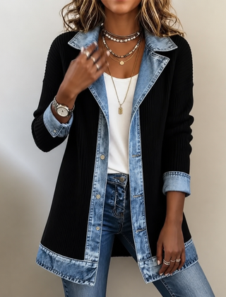 Judith | Ribova – Ribbed Knit Coat With Denim Panels - Black