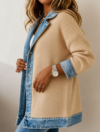 Judith | Ribova – Ribbed Knit Coat With Denim Panels - Khaki