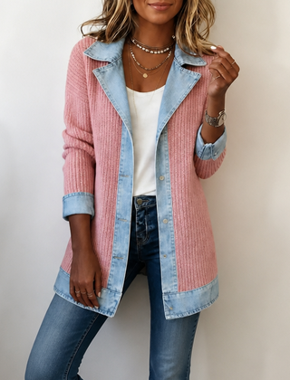 Judith | Ribova – Ribbed Knit Coat With Denim Panels - Pink