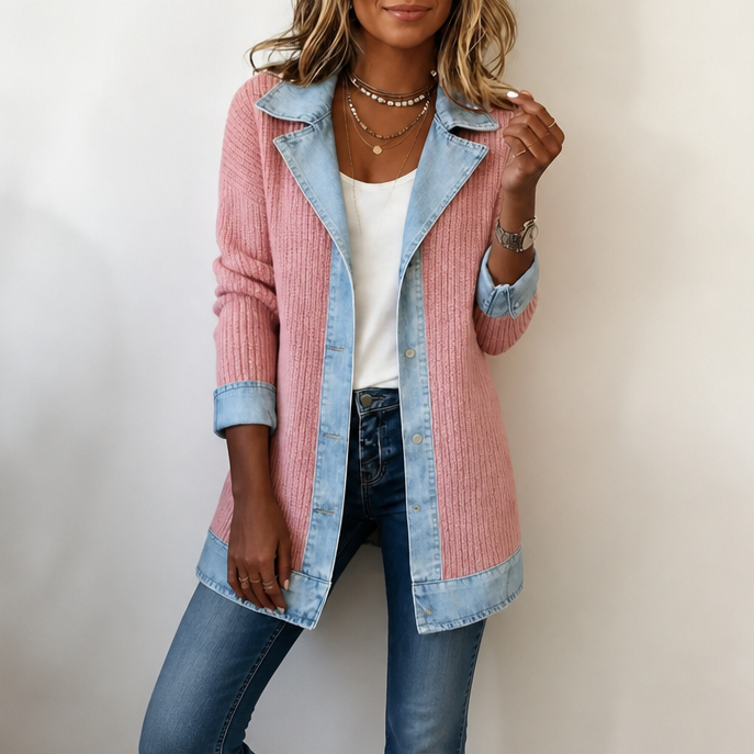 Judith | Ribova – Ribbed Knit Coat With Denim Panels - Pink