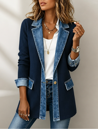 Judith | Ribova – Ribbed Knit Coat With Denim Panels - Navy