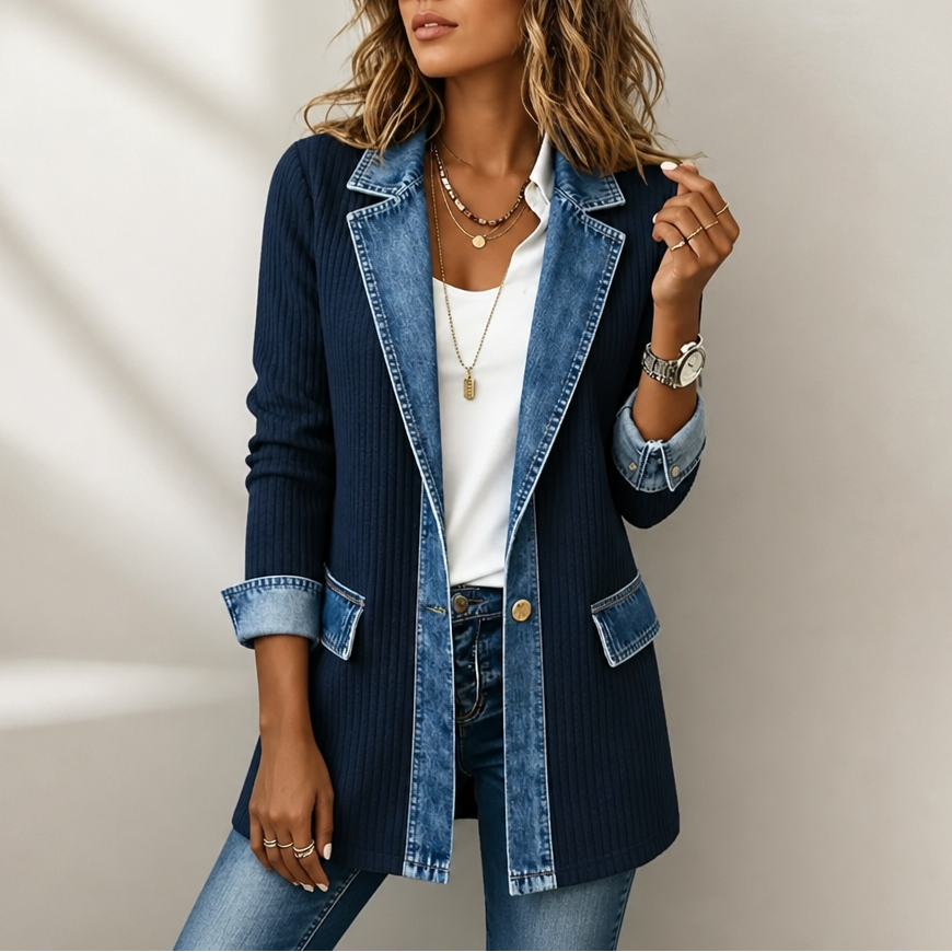 Judith | Ribova – Ribbed Knit Coat With Denim Panels - Navy