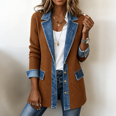 Judith | Ribova – Ribbed Knit Coat With Denim Panels - Rust
