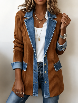 Judith | Ribova – Ribbed Knit Coat With Denim Panels - Rust