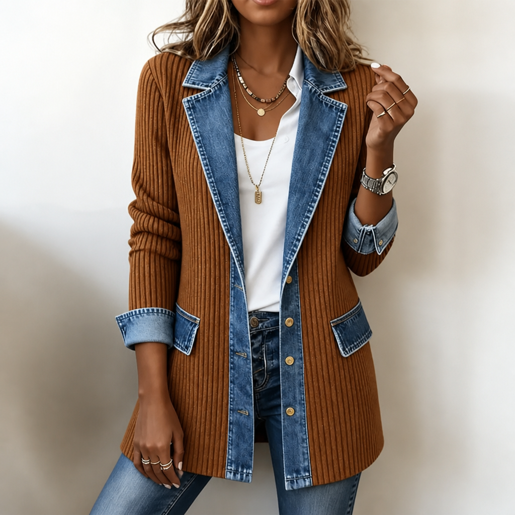 Judith | Ribova – Ribbed Knit Coat With Denim Panels - Rust