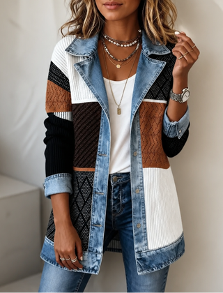 Judith | Ribova – Ribbed Knit Coat With Denim Panels - Color Block