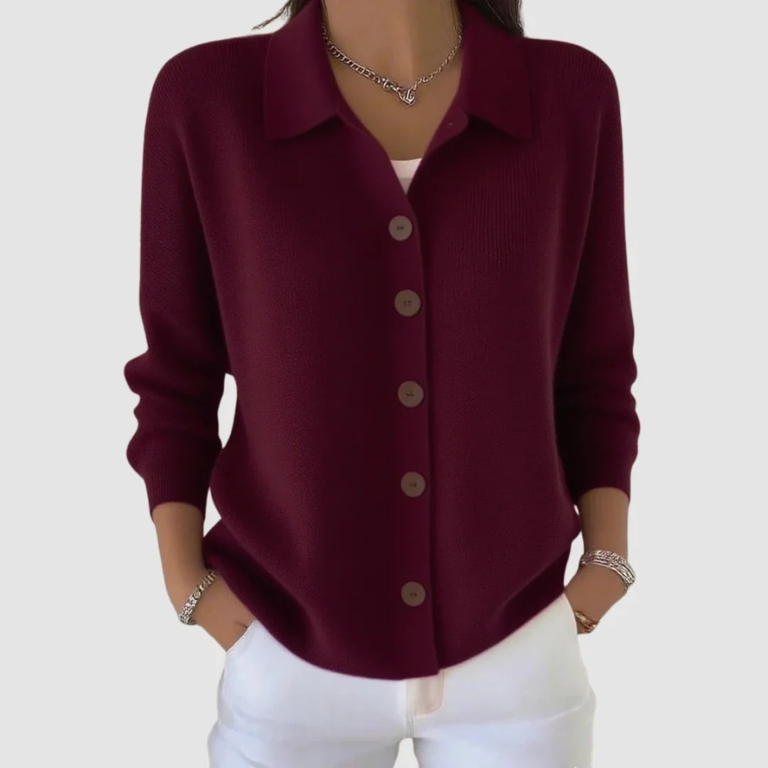 Ruth | Collared Button Front Knit - Wine Red
